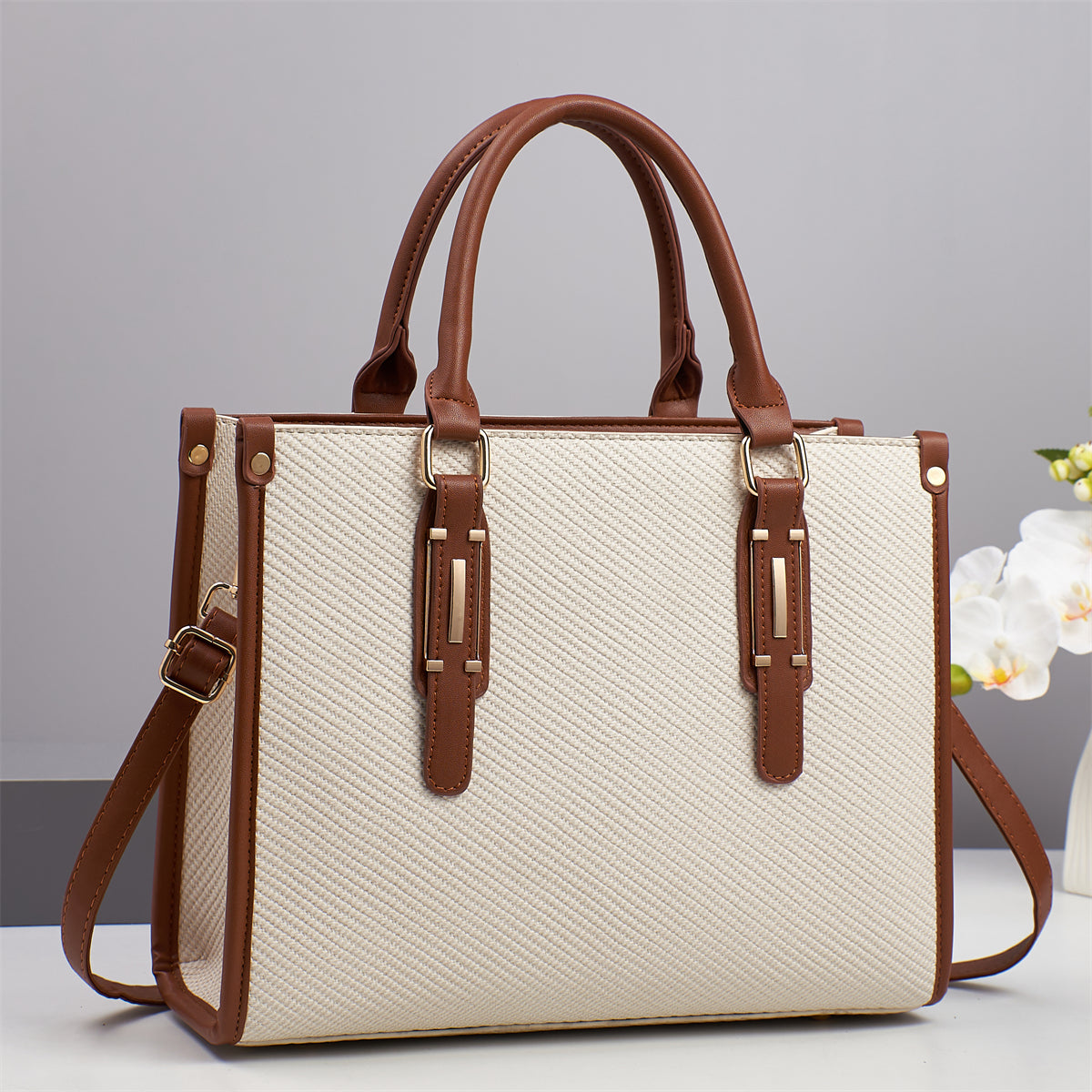 Saffiano Pattern PU Leather Frame Bag - Structured Shoulder Tote