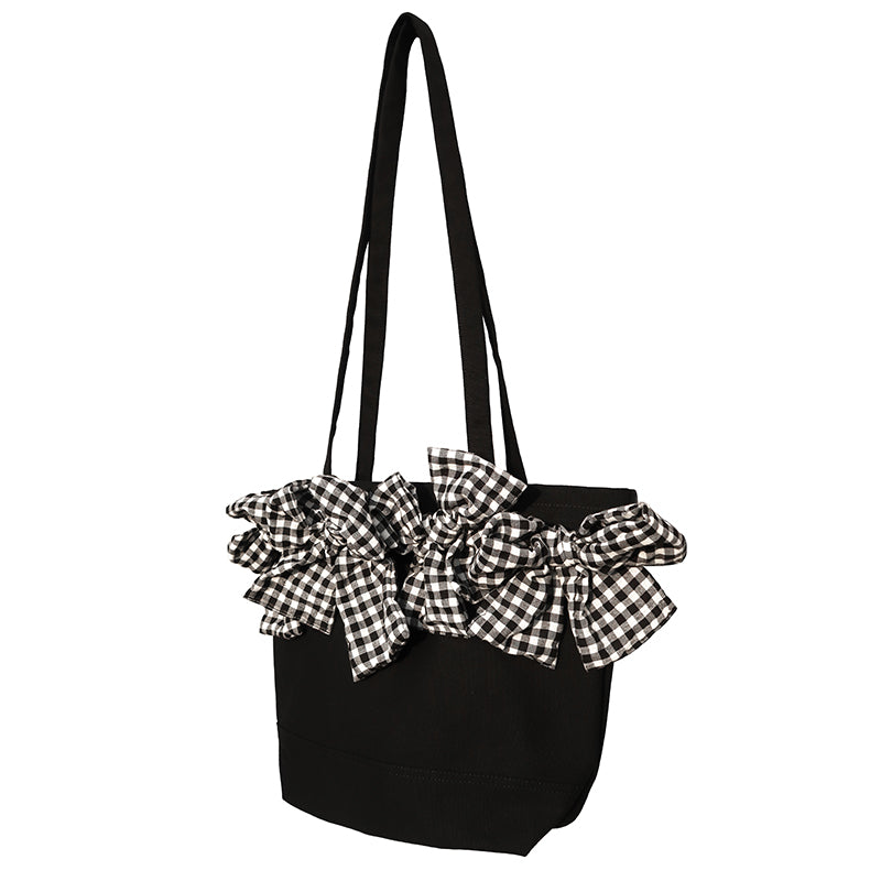 Nylon Plaid Tote Bag - Large Capacity Shopping Bag with Bow Detail