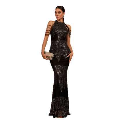 Women's Black Sequin Halter Sleeveless Slim-Fit Evening Dress