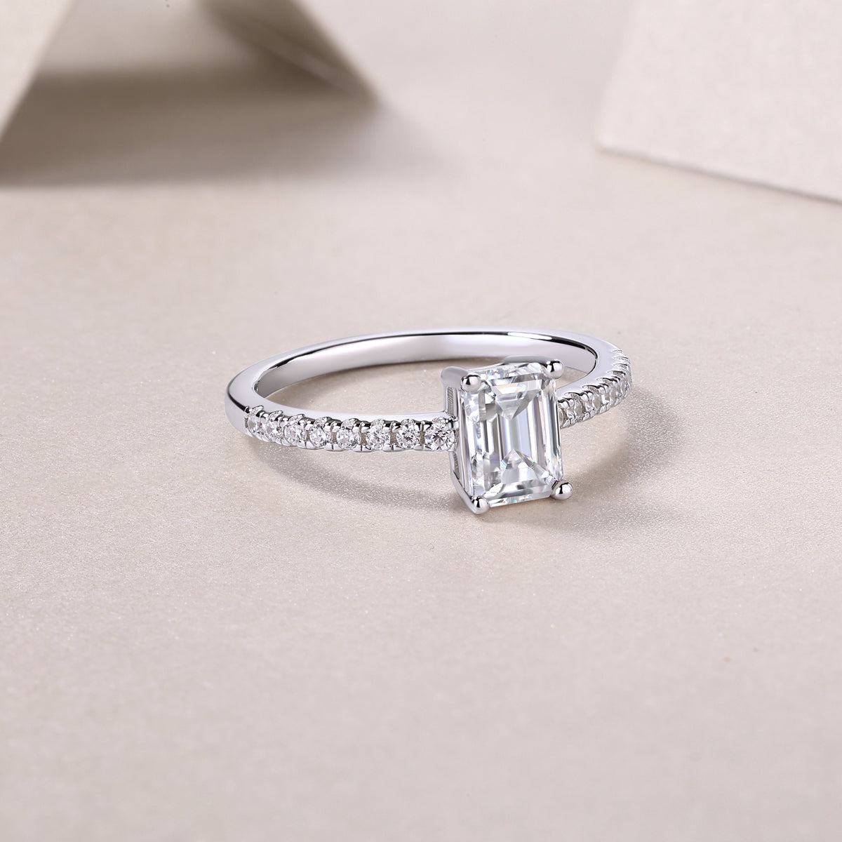 Octagonal Moissanite Sterling Silver Ring - Platinum Plated Wedding Band