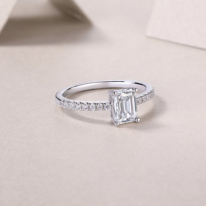 Octagonal Moissanite Sterling Silver Ring - Platinum Plated Wedding Band