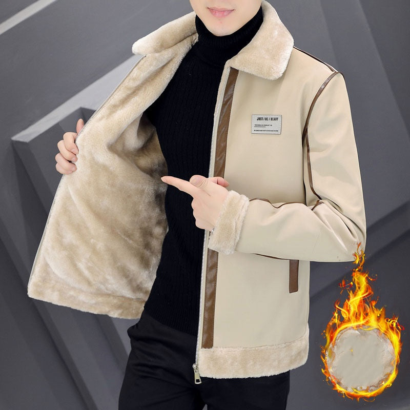 Men's Warm Suede Leather Coat - Velvet Lined Cotton Padded Jacket with Fur Collar