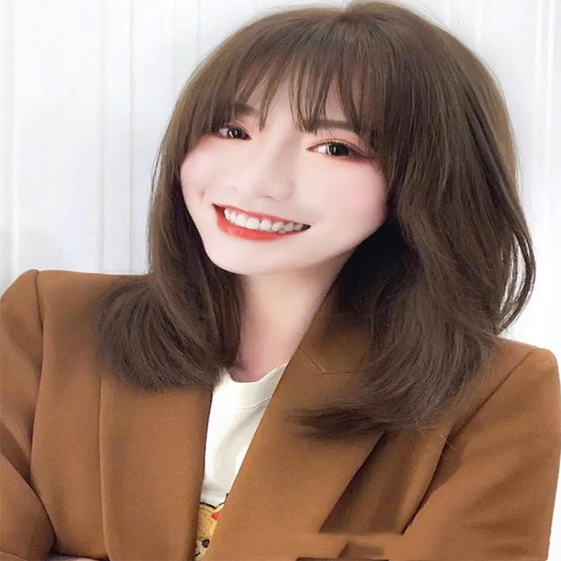 Natural Mid-Length Human Hair Wig - Synthetic Blend