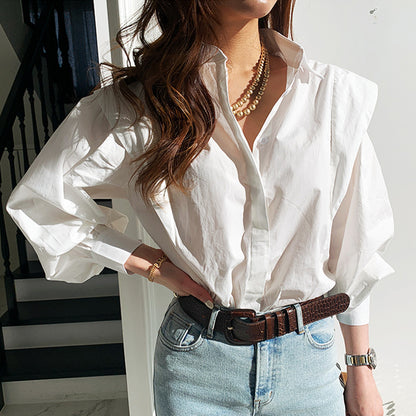 Women's Korean Slim Western Style Shirt - Casual Cardigan Jacket in White