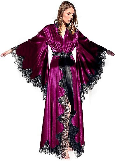 Women's Long Satin Bridal Robe with Lace Trim - V-Neck Wrap Sleepwear