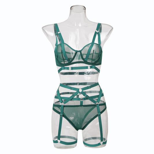 Women's 3-Piece Lingerie Set with Garter Strap - Ultra-Thin Polyester Set