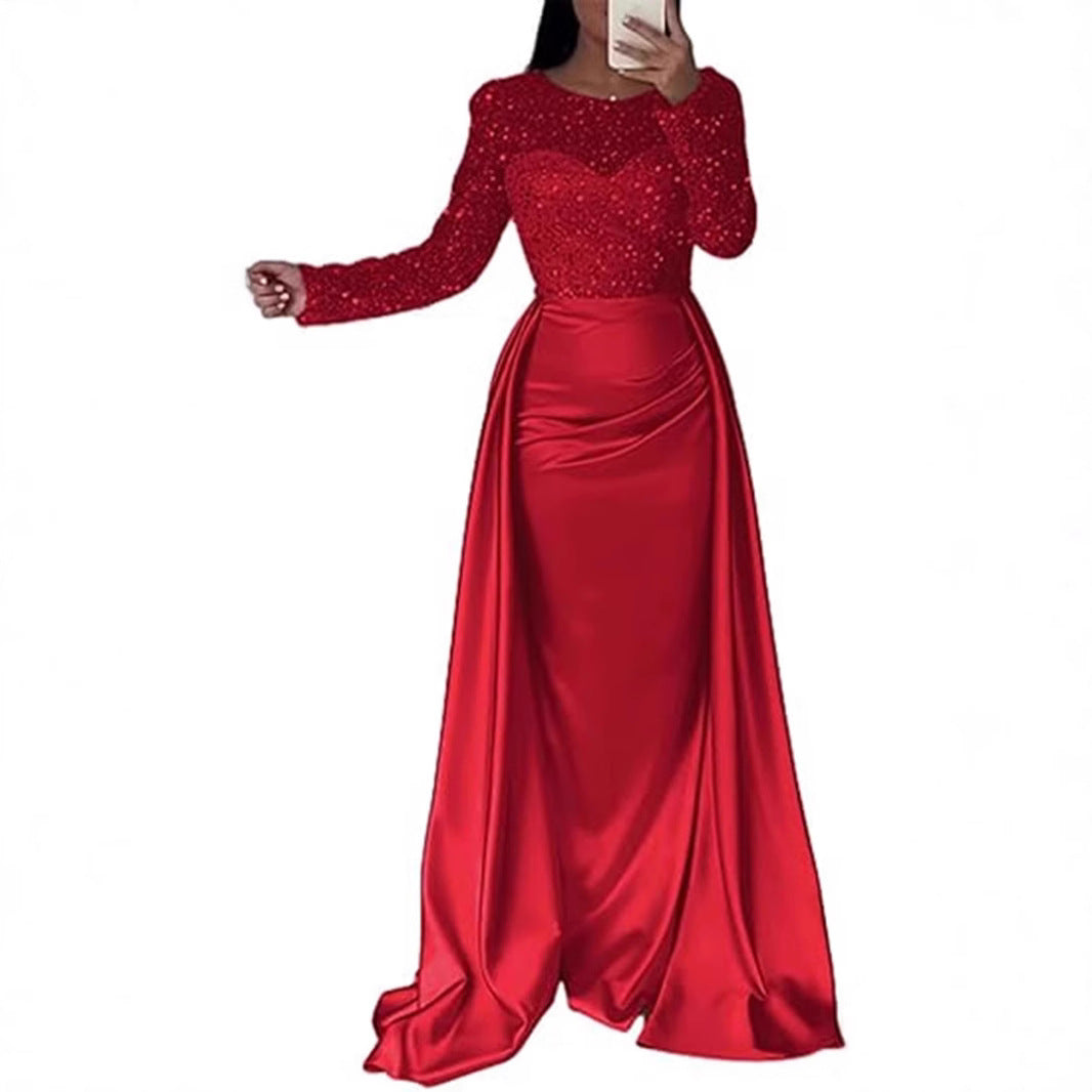 Sequin Long Sleeve Flared Hem Maxi Evening Gown | Elegant Formal Dress