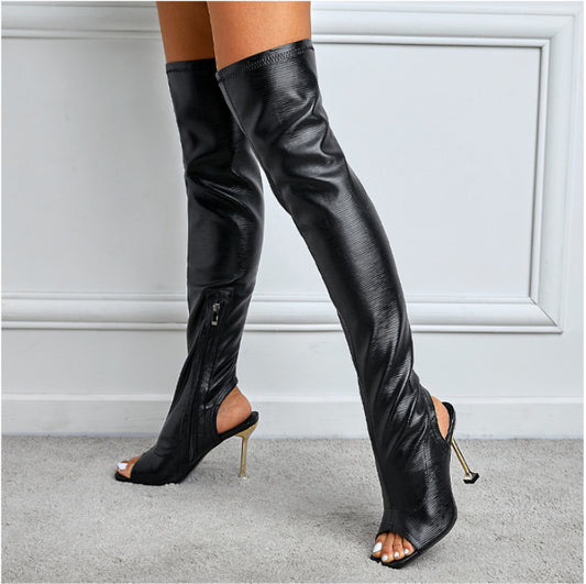 Women's Square Toe Cutout Over-Knee Side Zip Boots - Cool Statement Footwear