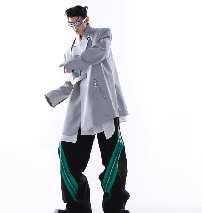 Ice Silk Padded Shoulder Suit Jacket - Zipper Stitching Detail