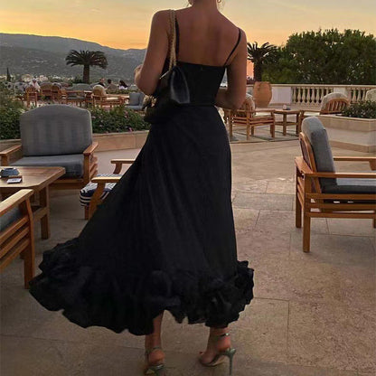 Chiffon A-Line Maxi Dress with 3D Floral Detail - Sleeveless Swing Dress with Suspenders