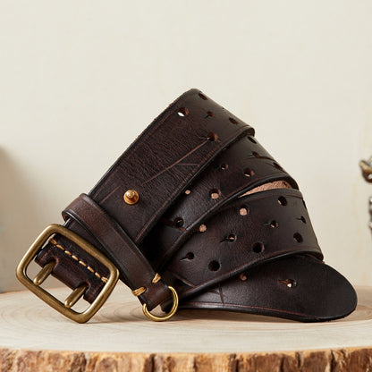 Men's Genuine Leather Cowhide Belt - Retro Copper Buckle Jeans Belt