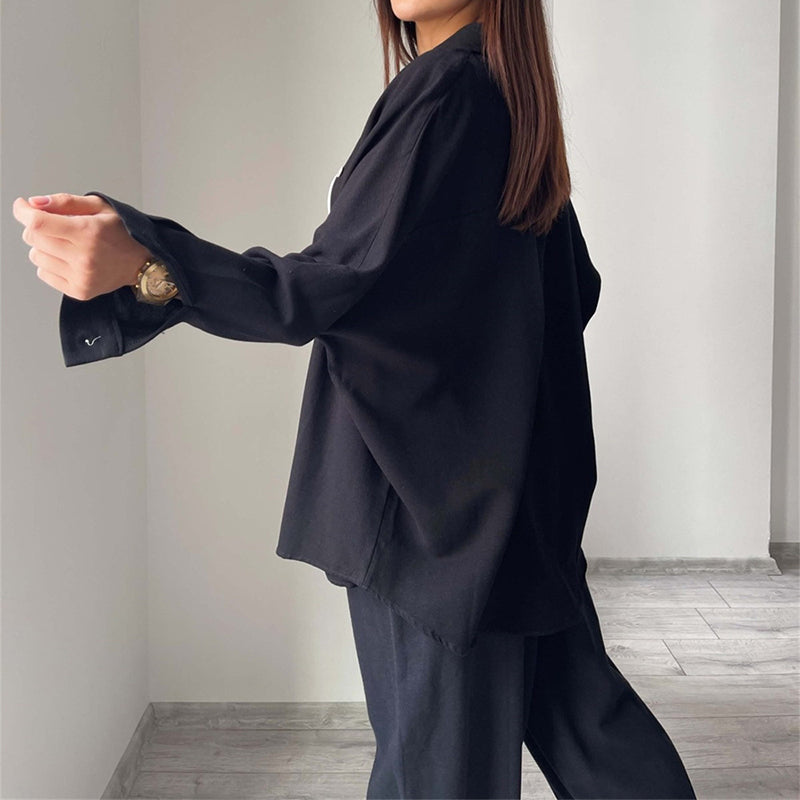 Women's Button Down Lounge Set - Long Sleeve 2-Piece Casual Loungewear with Pockets