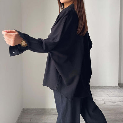 Women's Button Down Lounge Set - Long Sleeve 2-Piece Casual Loungewear with Pockets