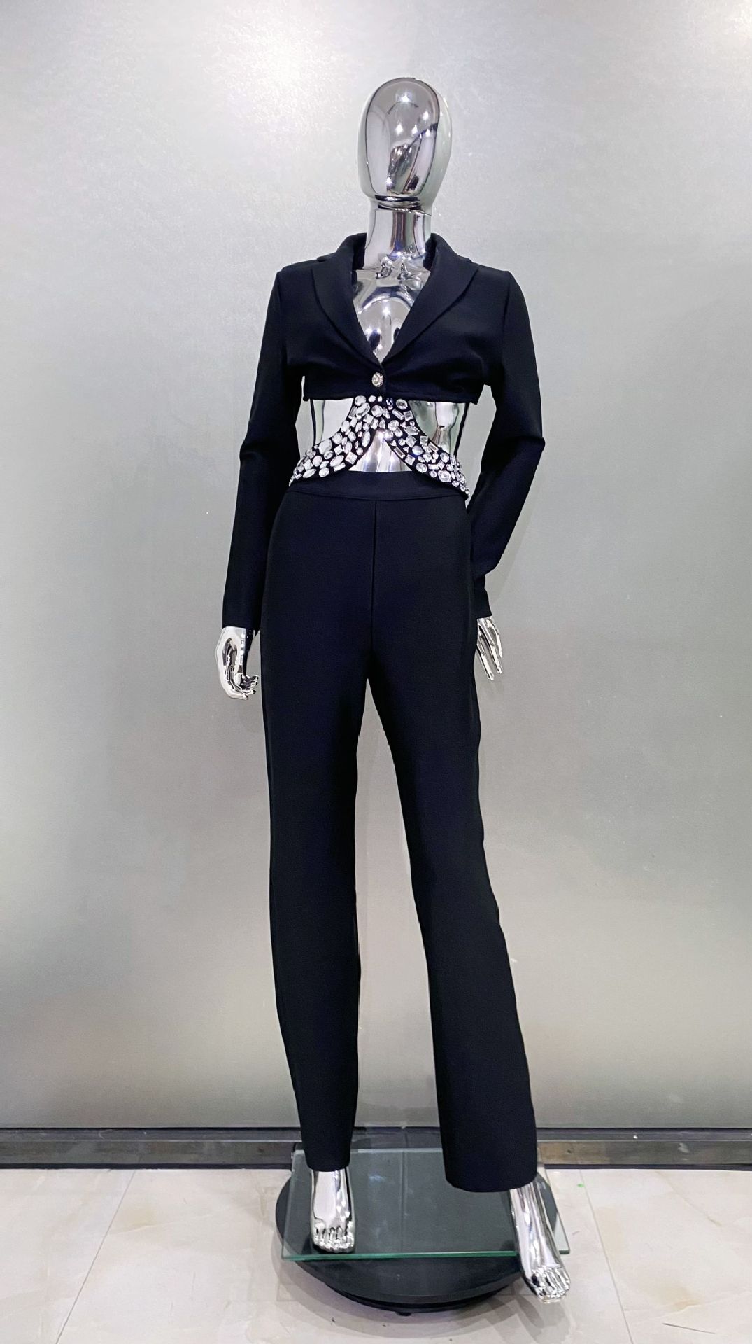 Women's Rhinestone Embellished Bodysuit - Long Sleeve Fitted Jumpsuit