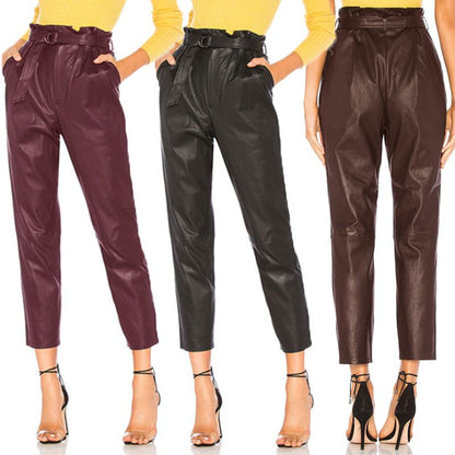 Women's High-Waist Faux Leather Pencil Pants - Slim Fit Trousers