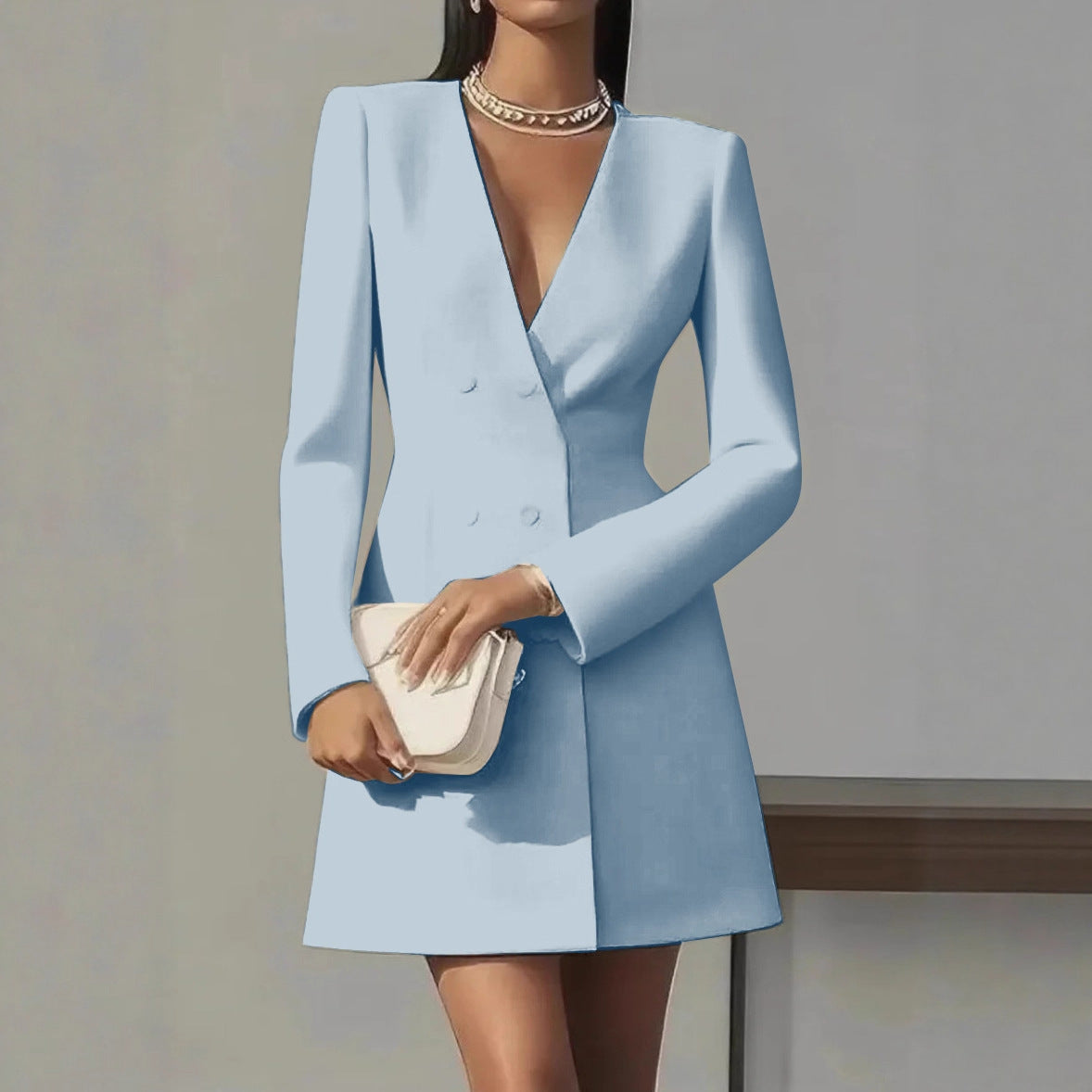 Women's V-Neck Button-Front Dress - Elegant Commuter Style