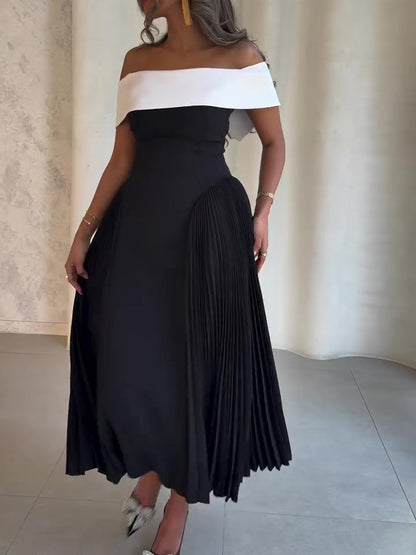 Off-Shoulder Contrast Pleated Dress - Elegant Maxi Dress for Daily and Party Wear