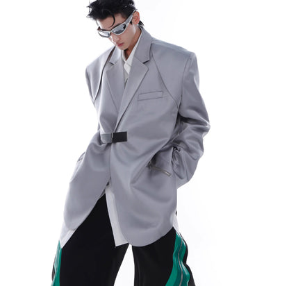 Ice Silk Padded Shoulder Suit Jacket - Zipper Stitching Detail