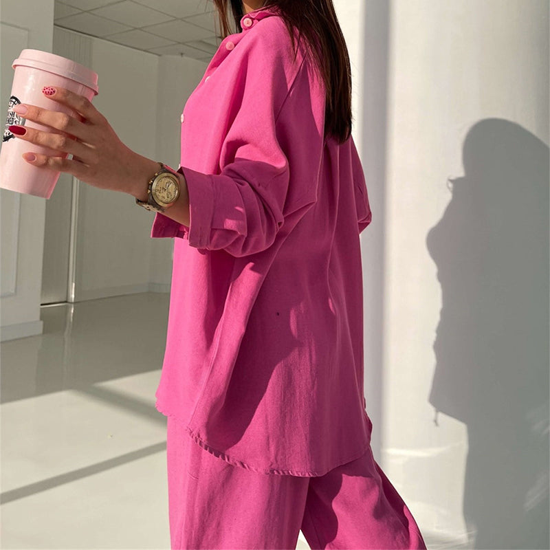 Women's Button Down Lounge Set - Long Sleeve 2-Piece Casual Loungewear with Pockets