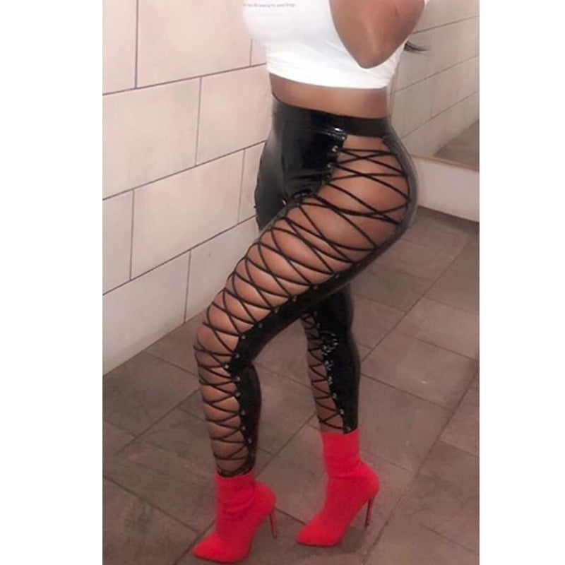 Mid-Waist Cross Strap Faux Leather Trousers - Slim Fit Pants