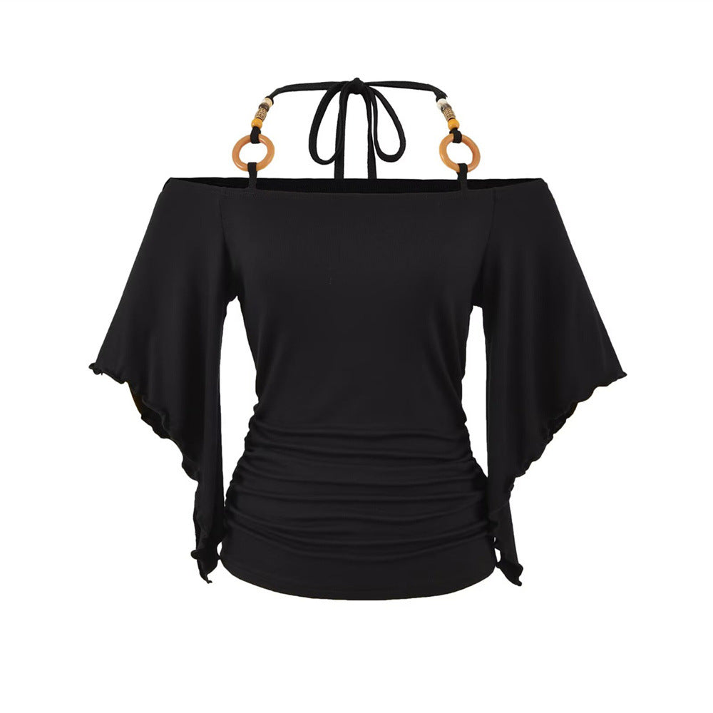 Women's Halter Neck Batwing Sleeve Top - Retro Beaded Style