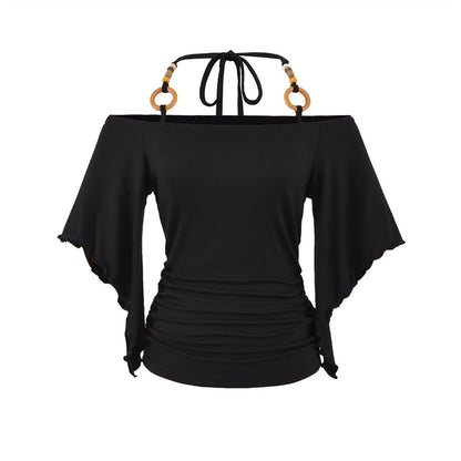 Women's Halter Neck Batwing Sleeve Top - Retro Beaded Style
