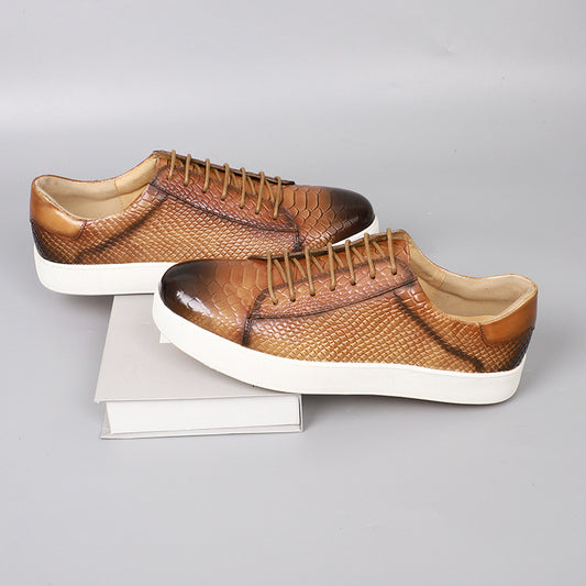 Men's Embossed Leather Casual Shoes - Lace-Up Round Toe Flat Shoes