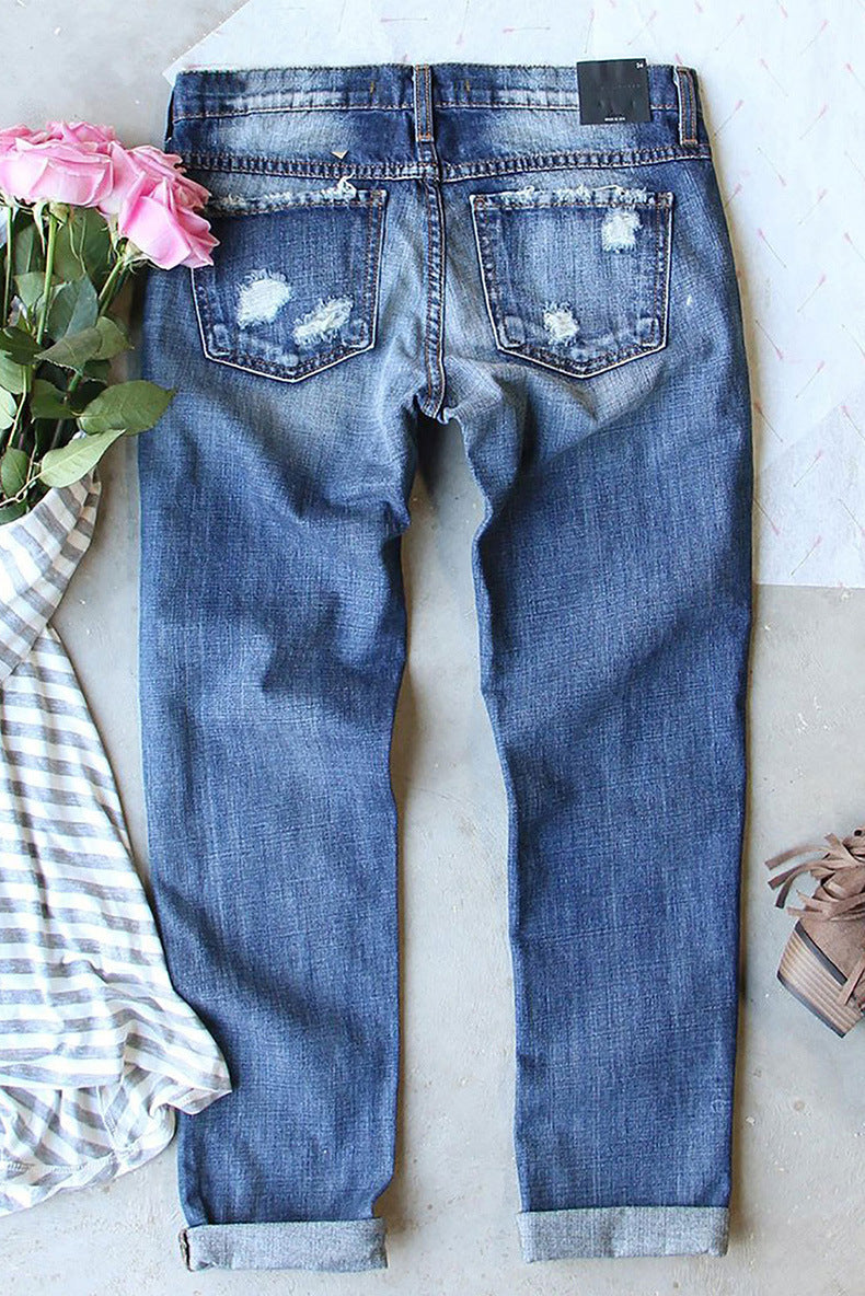 Mid-Rise Ripped Printed Jeans - Women's High Waist Pencil Leg Denim
