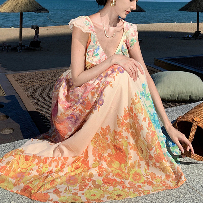 Women's V-Neck Ruffle Sleeve Floral Print Backless Maxi Dress - French-Style Beach Dress