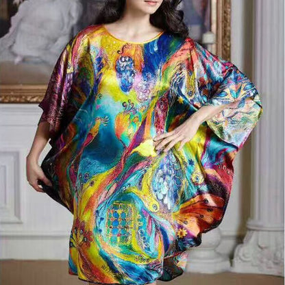 Women's Luxe Silk Bat Sleeve Nightdress - 100% Mulberry Silk Loose Fit Pajama Dress with Inkjet Prints