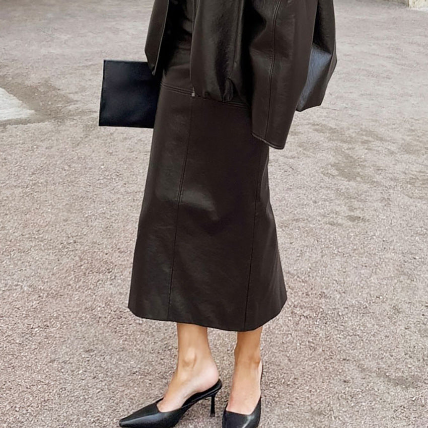 Premium PU Leather Midi Skirt with Slit Detail - Straight Silhouette
