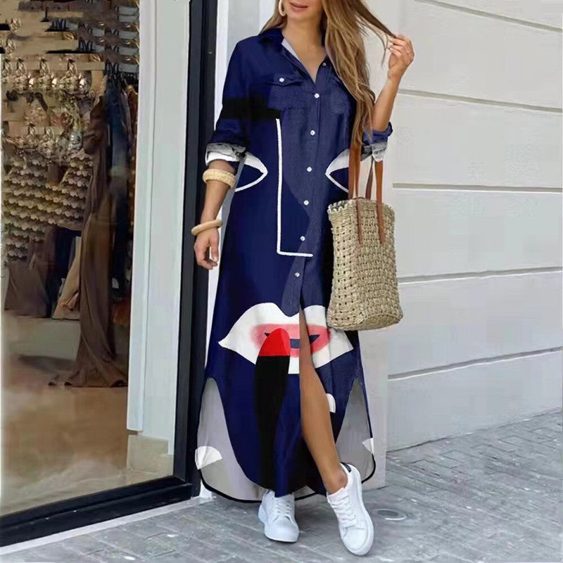 Women's Fashion Long Sleeve Printed Maxi Dress - Irregular Hem Single-Breasted Dress