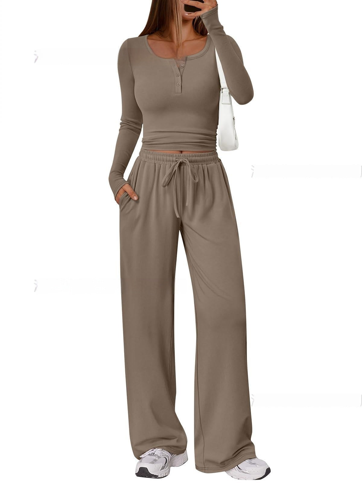 Women's Comfortable Casual Long-Sleeve Wide-Leg Pants Set - Japandi Style Pleated Top with Polyester
