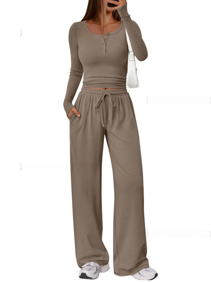 Women's Comfortable Casual Long-Sleeve Wide-Leg Pants Set - Japandi Style Pleated Top with Polyester