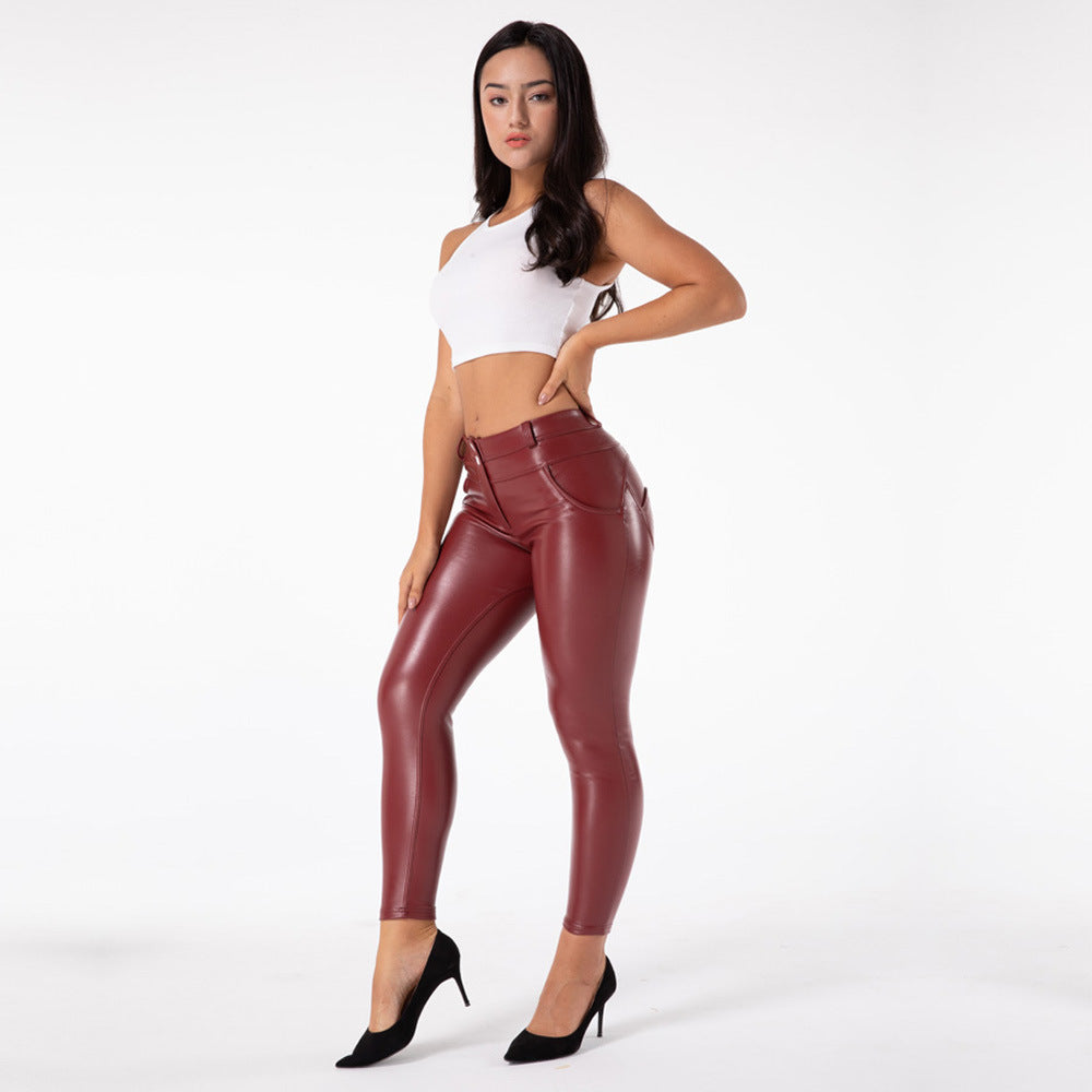 Women's High Waist Faux Leather Fitness Pants - Fleece Lined Leggings