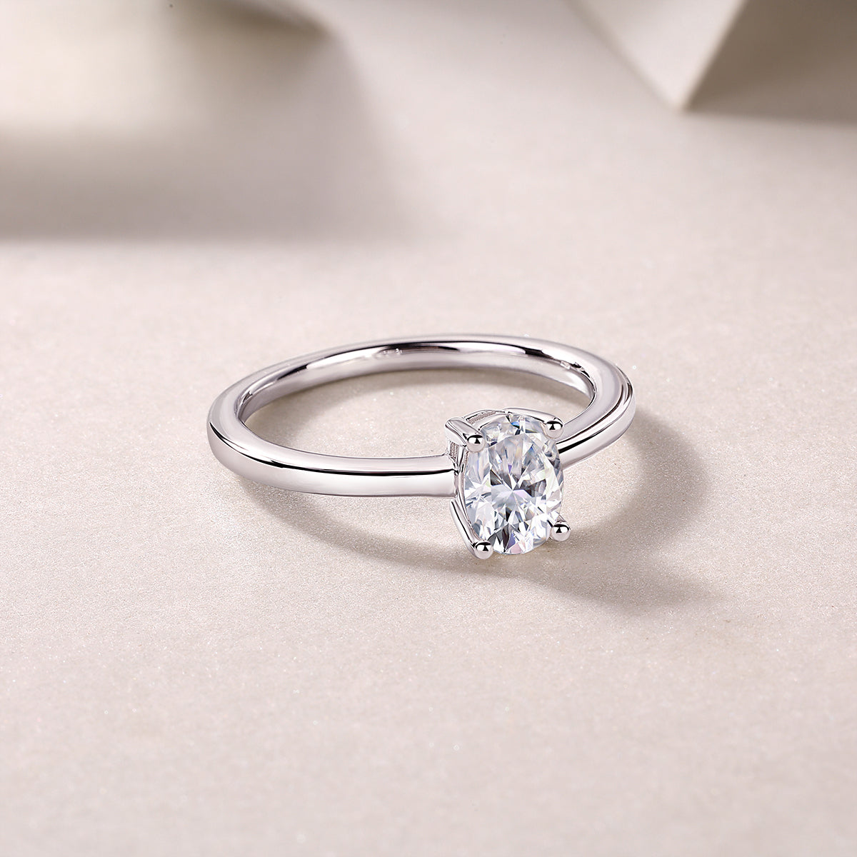 Oval Moissanite Sterling Silver Ring - Platinum Plated Wedding Band