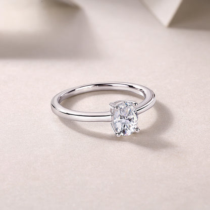 Oval Moissanite Sterling Silver Ring - Platinum Plated Wedding Band