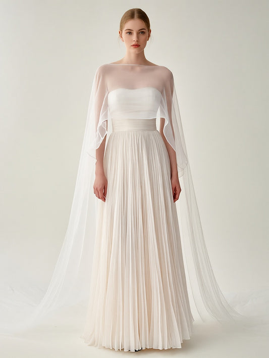Women's Elegant White Pleated Gown with Sheer Cape Overlay