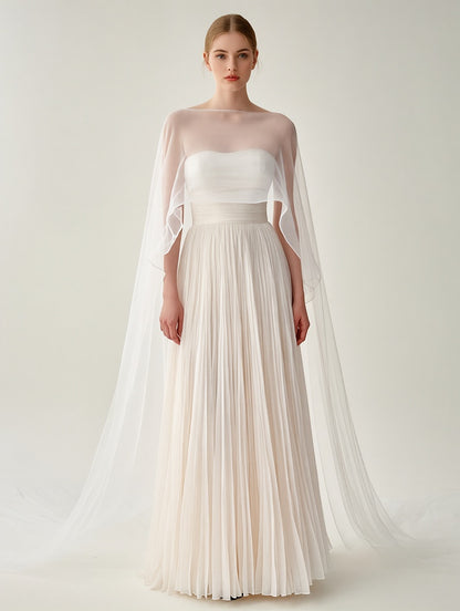 Women's Elegant White Pleated Gown with Sheer Cape Overlay