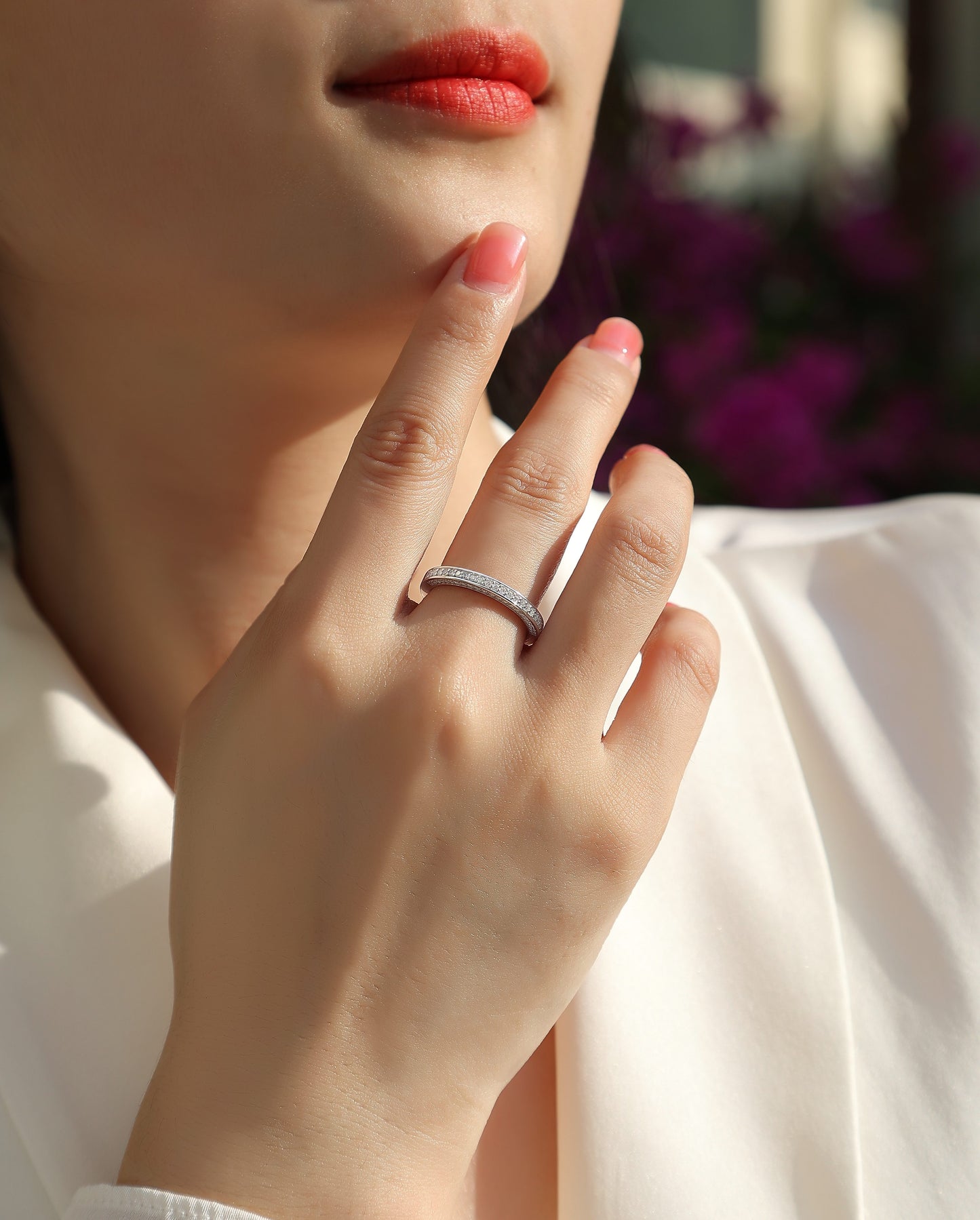 Delicate Moissanite Sterling Silver Ring - Platinum Plated Wedding Band