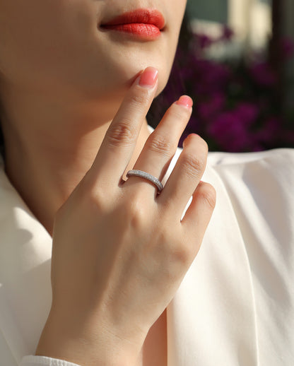Delicate Moissanite Sterling Silver Ring - Platinum Plated Wedding Band