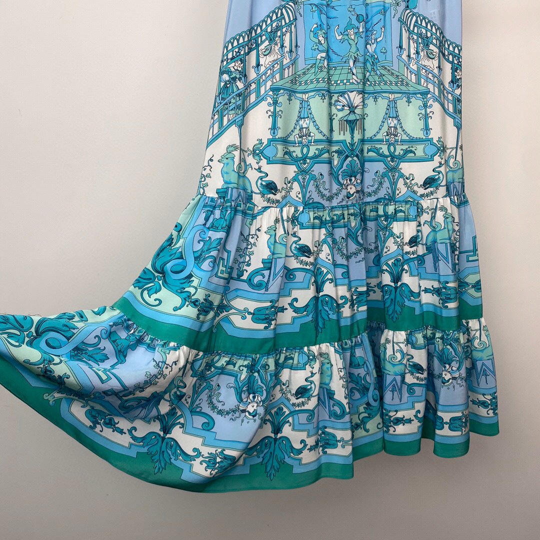 Elastic Waist Silk Print Tiered Skirt