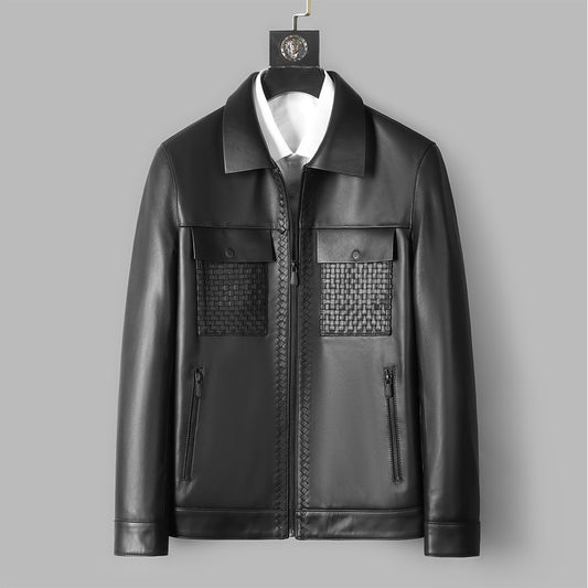 Genuine Sheepskin Leather Jacket - Men's Short Lapel Business Casual Coat