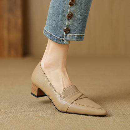 Full-Grain Sheepskin Pointed-Toe Chunky Heel Shoes - Women's Spring Pumps