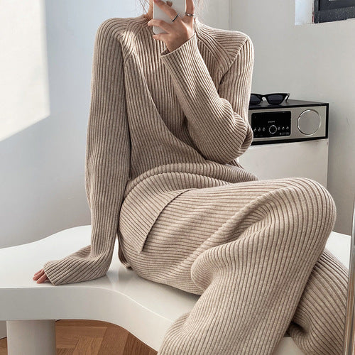 Women's Two-Piece Knitted Wide Leg Pants Set - Casual Sweater and Trousers Outfit