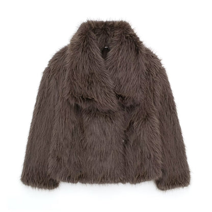 Women's Winter Plush Fluffy Lapel Coat - Warm Thicken Long Sleeve Jacket