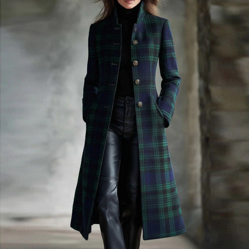 Women's Single-Breasted Plaid Long Sleeve Cardigan Coat - Long Jacket