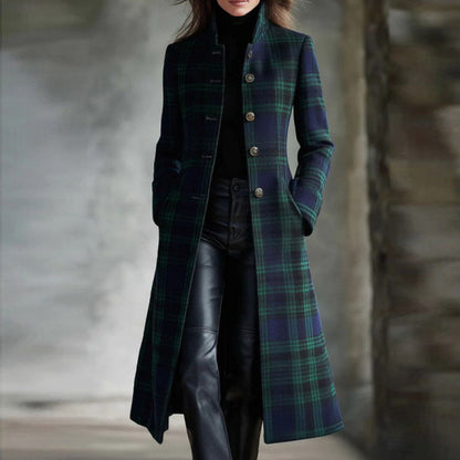 Women's Single-Breasted Plaid Long Sleeve Cardigan Coat - Long Jacket