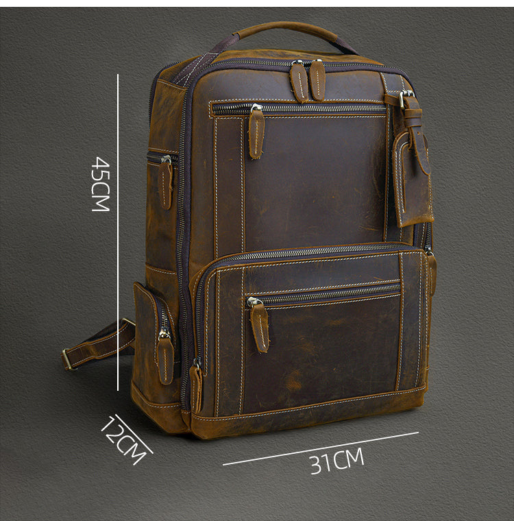 Men's First Layer Cowhide Leather Backpack - European American Retro Style with Laptop Compartment