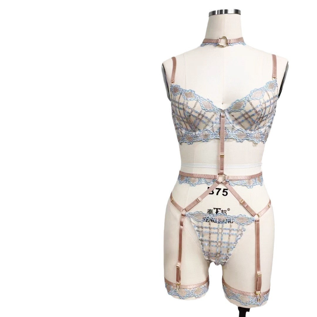 Women's Plaid Mesh Lingerie Bodysuit with Stockings - Sheer Lace Design